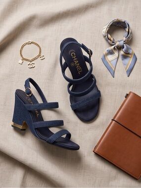 Authentic CHANEL Denim Block Heel Sandals